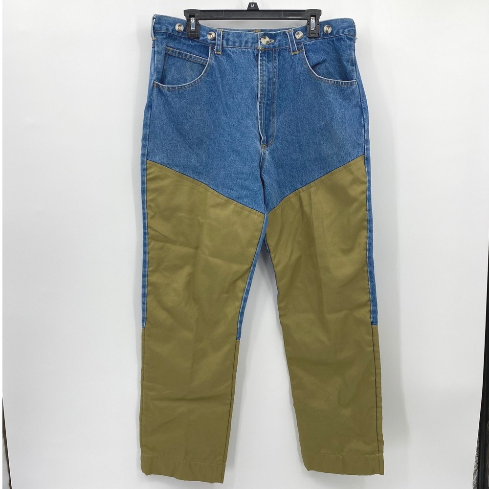 VINTAGE Remington Mens XL Blue Denim Olive Green Brush Guard Hunting Pants Jeans - Picture 2 of 9